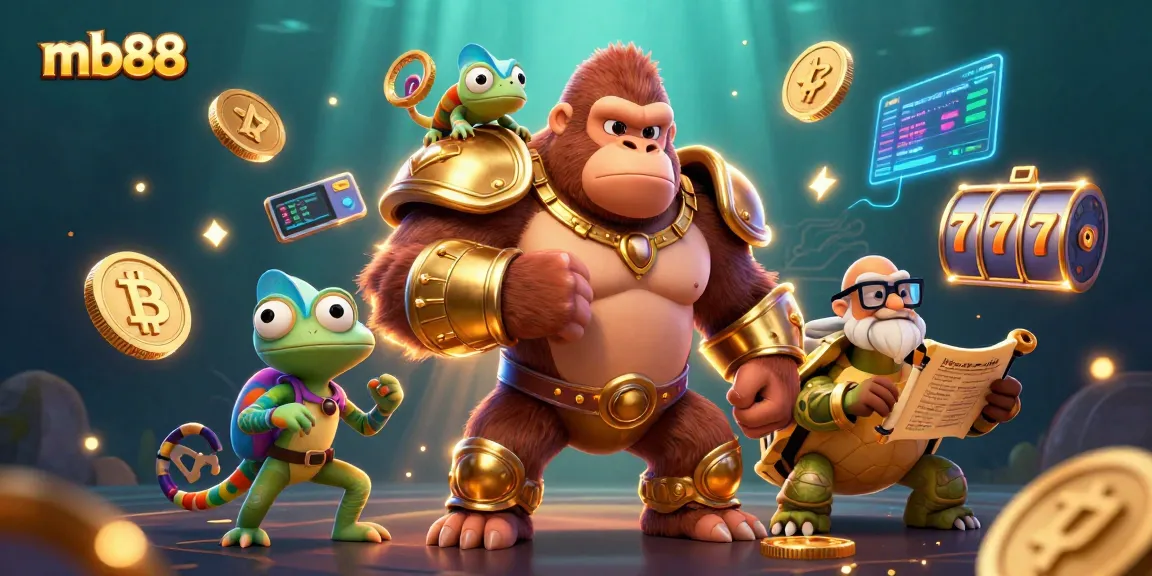 Engage with mb88's thrilling action in a dynamic casino scene featuring a gorilla king and crypto elements.