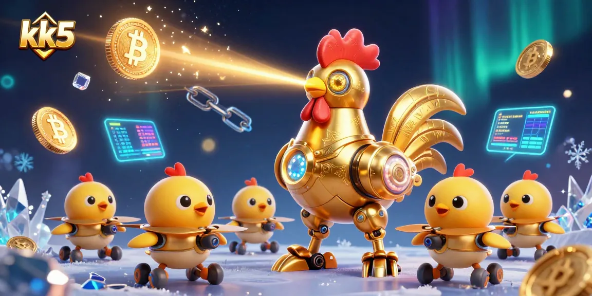Engage in thrilling casino action with kk5's golden rooster robot and crypto elements illuminating the scene.