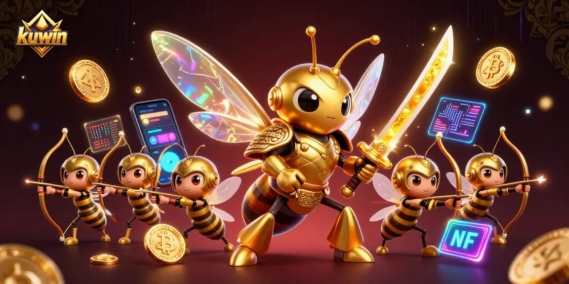 Win big with kuwin as a giant golden hornet and bee archers battle with honey weapons in this vibrant casino-themed illustration.