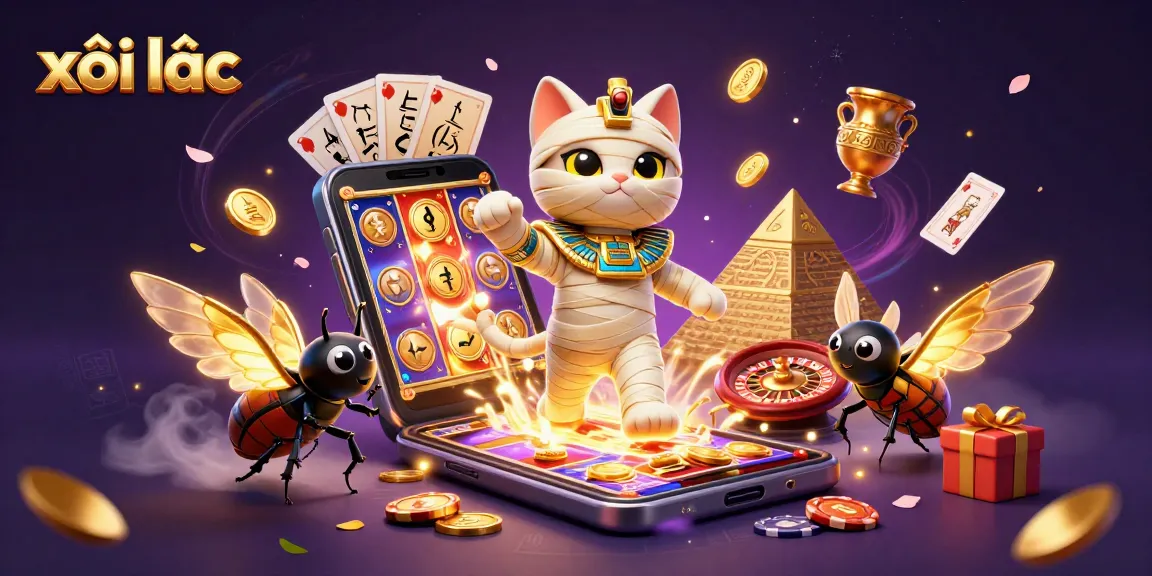 xôi lạc cat bursts from the sarcophagus in a vibrant casino scene filled with colorful games and elements.