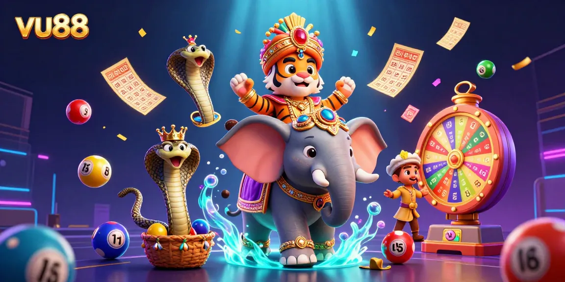 Play and win with exciting lottery elements in this vu88-themed vibrant illustration.