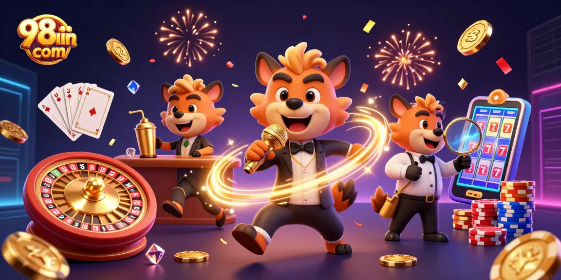 Experience thrilling gameplay at 98win com with vibrant casino characters, slot machines, and golden winnings.
