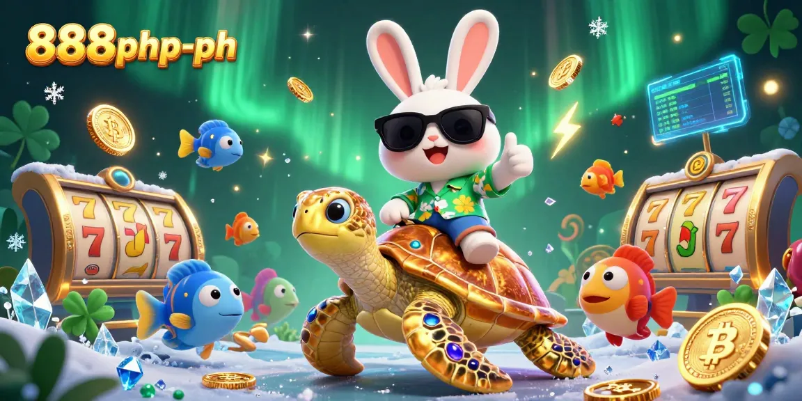 Experience excitement with 888php-ph's vibrant illustration of a lucky rabbit and turtle in a dynamic casino scene.