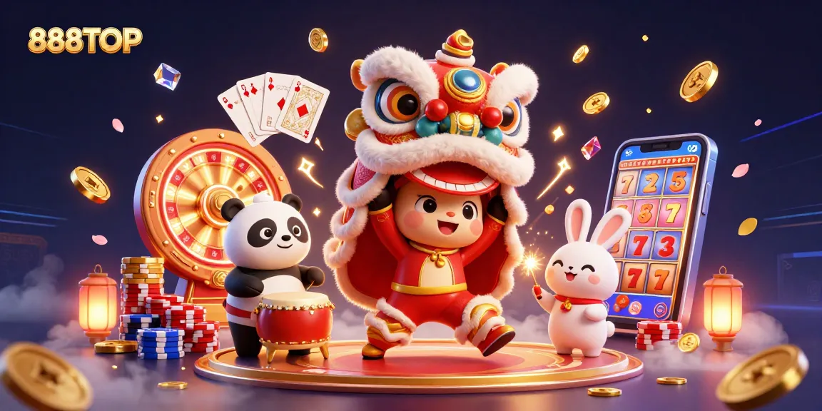 Win big at 888TOP with festive characters amidst colorful gambling elements and rich decorations.
