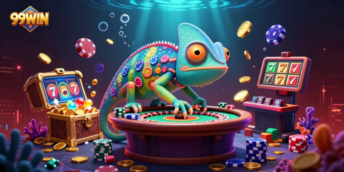 Experience thrilling gameplay with 99WIN's enchanting chameleon casino owner amidst vibrant slot reels.