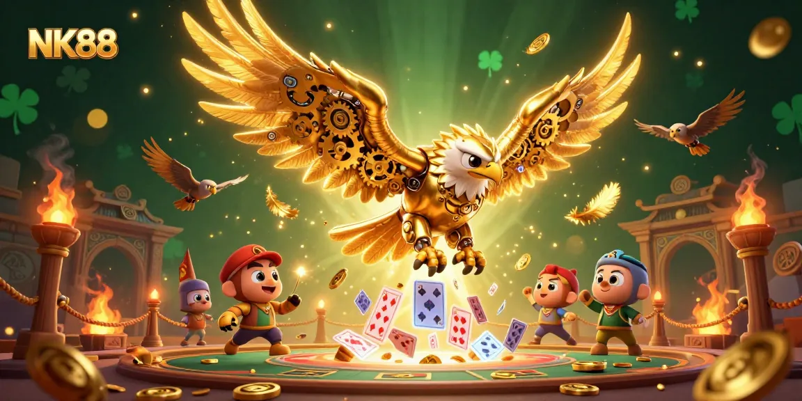 Navigating action at NK88 Casino, a striking 3D illustration captures excitement with cybernetic golden eagle and immersive gambling elements.