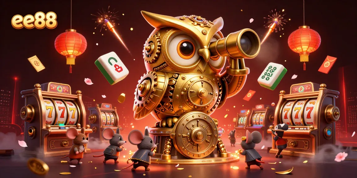 Experience the thrill of ee88 with a vibrant casino scene featuring a golden owl, slot machines, and lucky symbols.