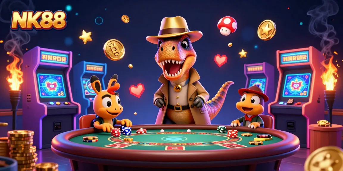 Engage with NK88 at a lively casino scene featuring a sly velociraptor card counter and colorful arcade elements.