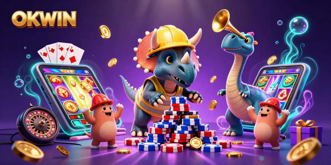 OKWIN's vibrant casino scene features a triceratops building poker chips, celebrating wins.