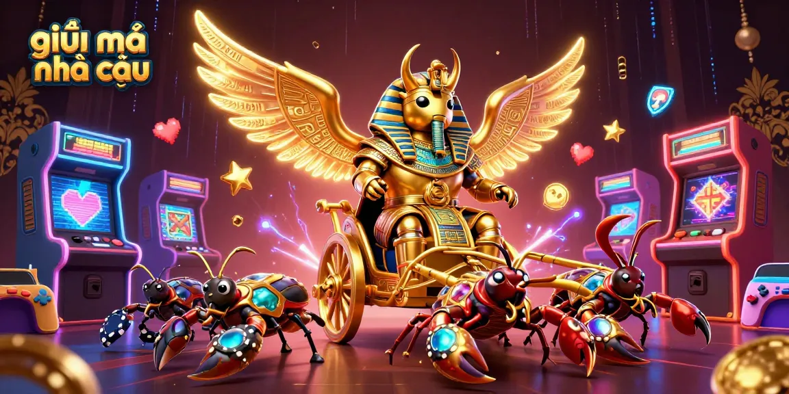 Engage with the vibrant world of giải mã nhà cái as a golden scarab beetle leads a gambling adventure with scorpions and poker chips.