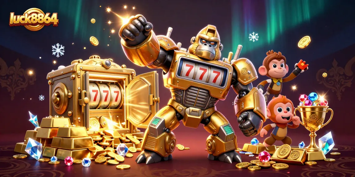 Experience excitement and jackpots with luck8864 in this dynamic 3D illustration of a golden gorilla mech.