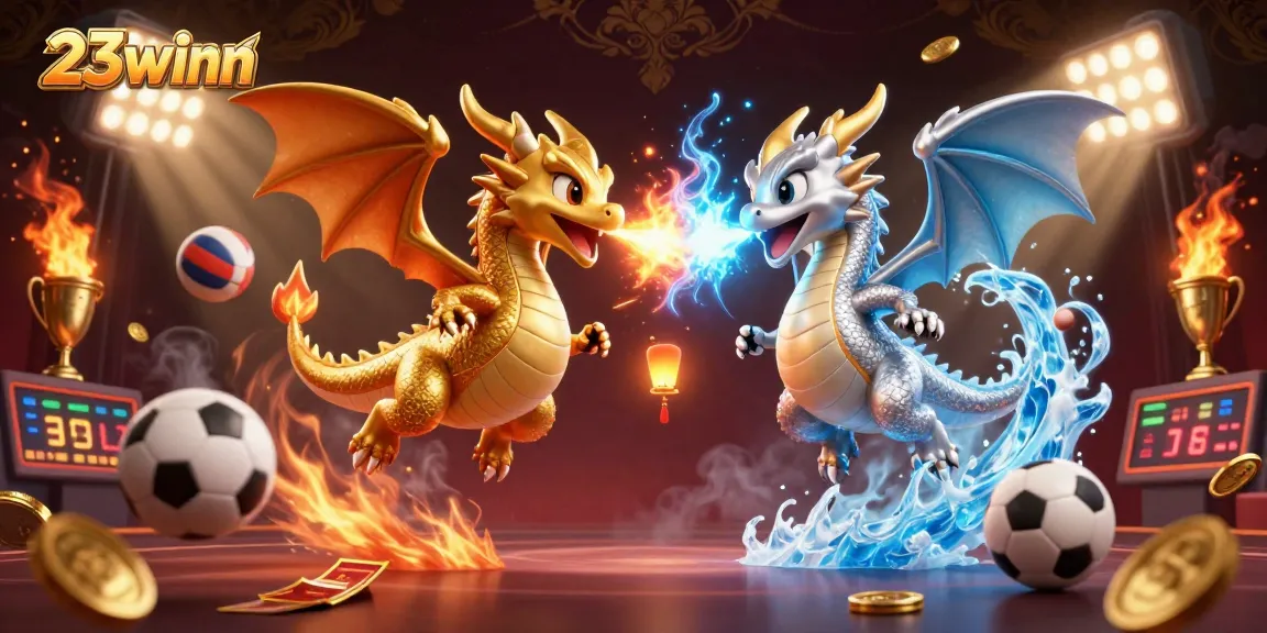 Experience the dynamic energy of 23winn with twin dragons and vibrant sports elements in a thrilling casino illustration.