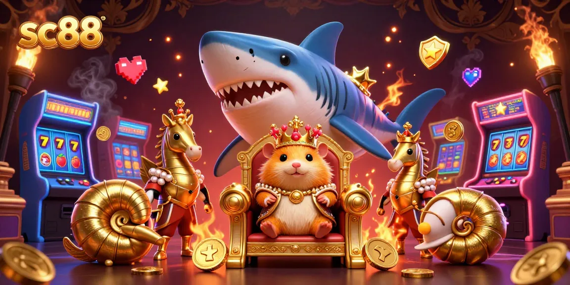 Spin the reels with sc88 in a vibrant 3D casino scene featuring a hamster king and gaming elements.