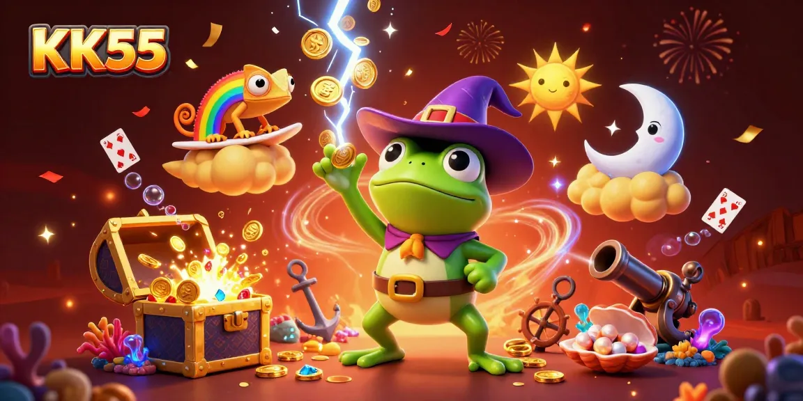 Join the excitement at KK55 with a magical storm of coins and vibrant casino characters.